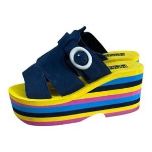 Blue Platform Foam Sandals Size 7 Rainbow Soles Wedges Slip On Summer Party